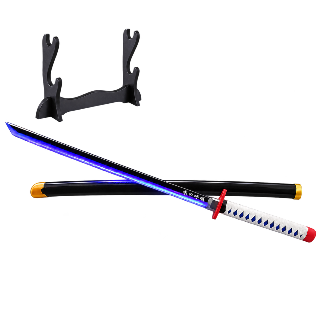 Demon Slayer: Giyu Tomioka — Water Hashira LED Katana · 104 cm · 2-Layer Stand