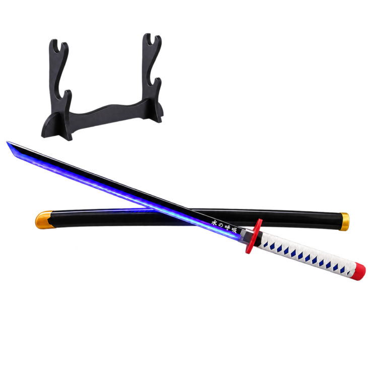 Demon Slayer: Giyu Tomioka — Water Hashira LED Katana · 104 cm · 2-Layer Stand