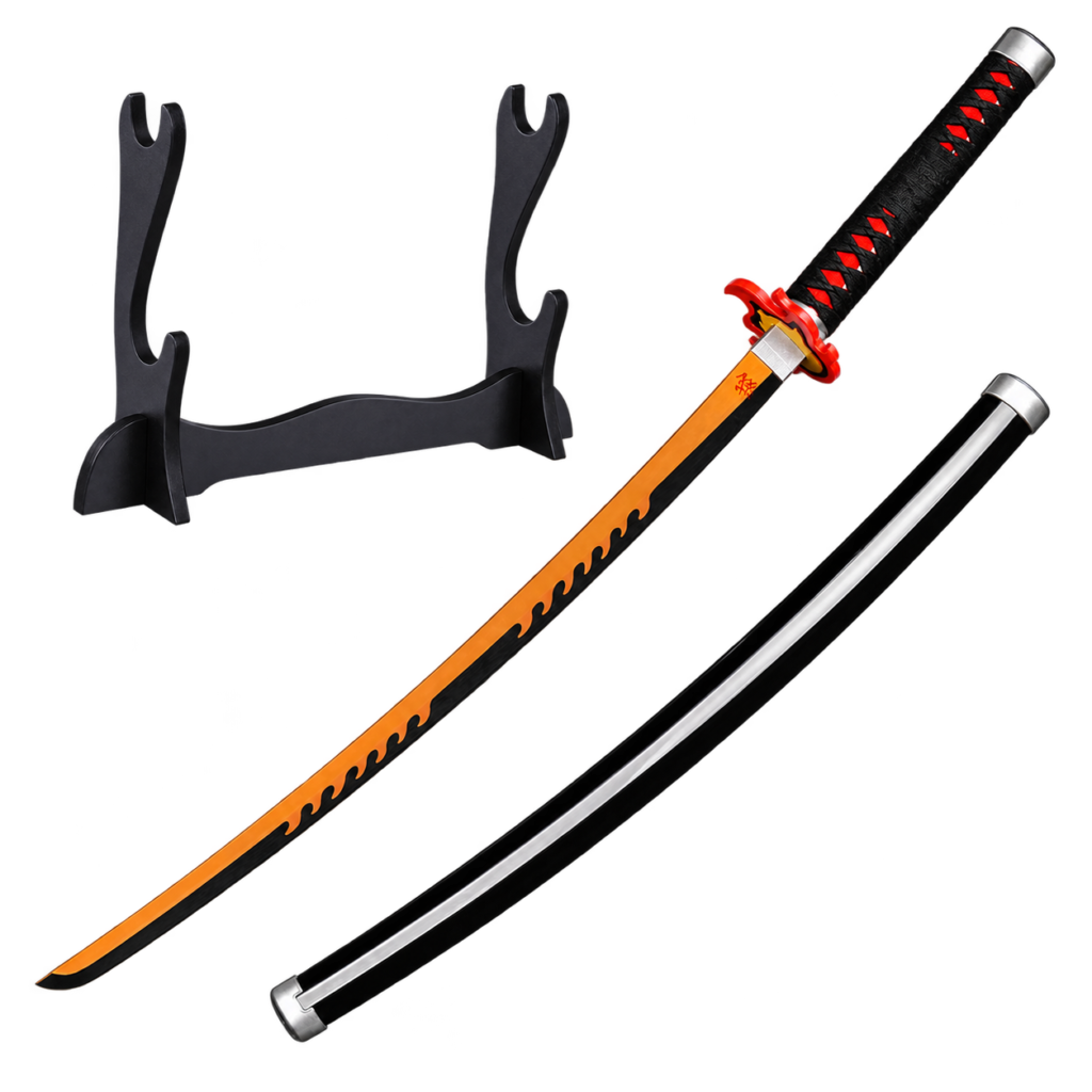 Demon Slayer: Tanjiro Kamado — Fire God — Red Blade Katana · 104 cm · 2-Layer Stand