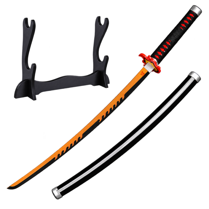 Demon Slayer: Tanjiro Kamado — Fire God — Red Blade Katana · 104 cm · 2-Layer Stand