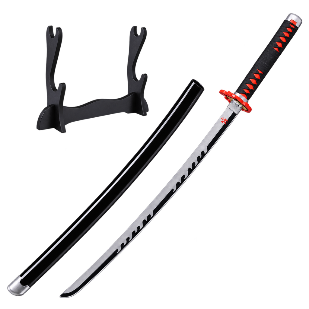 Demon Slayer: Tanjiro Kamado — Fire God — Silver Blade Katana · 104 cm · 2-Layer Stand