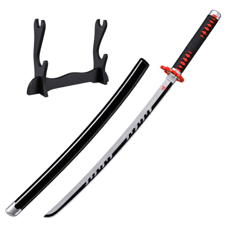 Demon Slayer: Tanjiro Kamado — Fire God — Silver Blade Katana · 104 cm · 2-Layer Stand