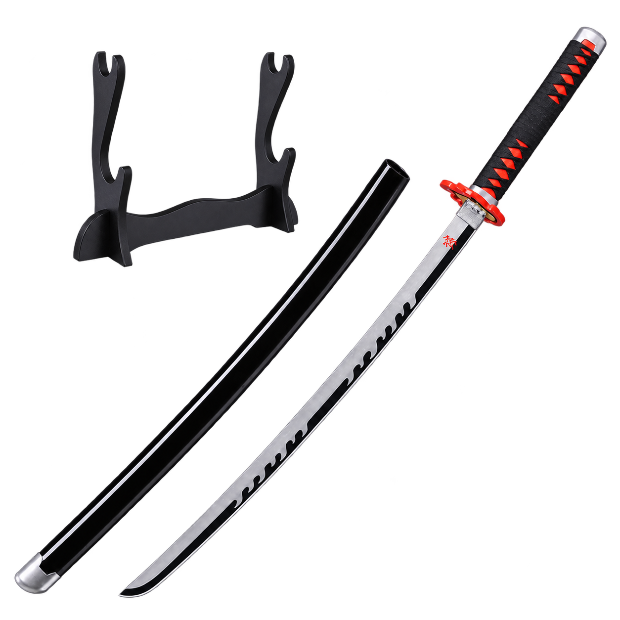 Demon Slayer: Tanjiro Kamado — Fire God — Silver Blade Katana · 104 cm · 2-Layer Stand
