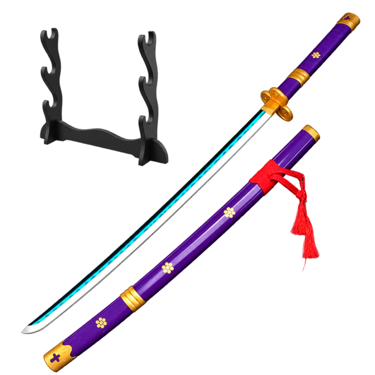 One Piece: Roronoa Zoro — Enma Purple LED Katana · 104 cm · 3-Layer Stand