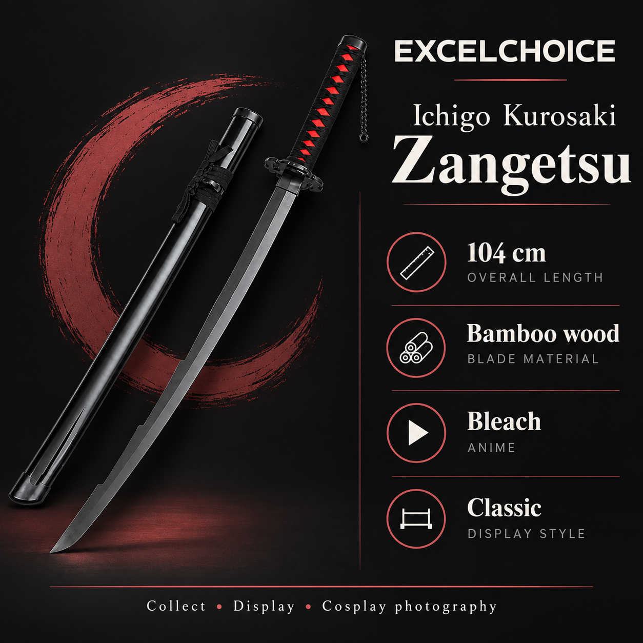 Ichigo Kurosaki Zangetsu 104 cm — Bamboo wood blade specifications
