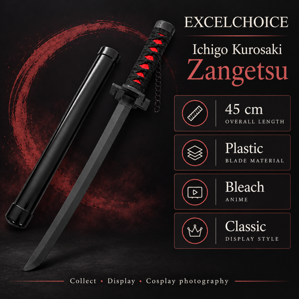 Bleach: Ichigo Kurosaki — Zangetsu Katana · 45 cm · Dragon Stand specifications, included stand or care guidance