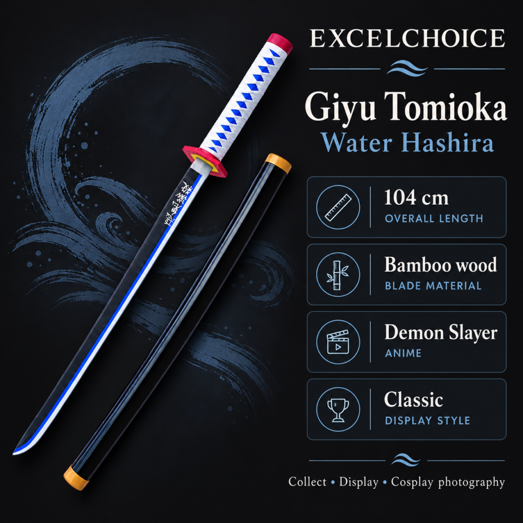 Demon Slayer: Giyu Tomioka — Water Hashira Katana · 104 cm · 1-Layer Stand specifications, included stand or care guidance