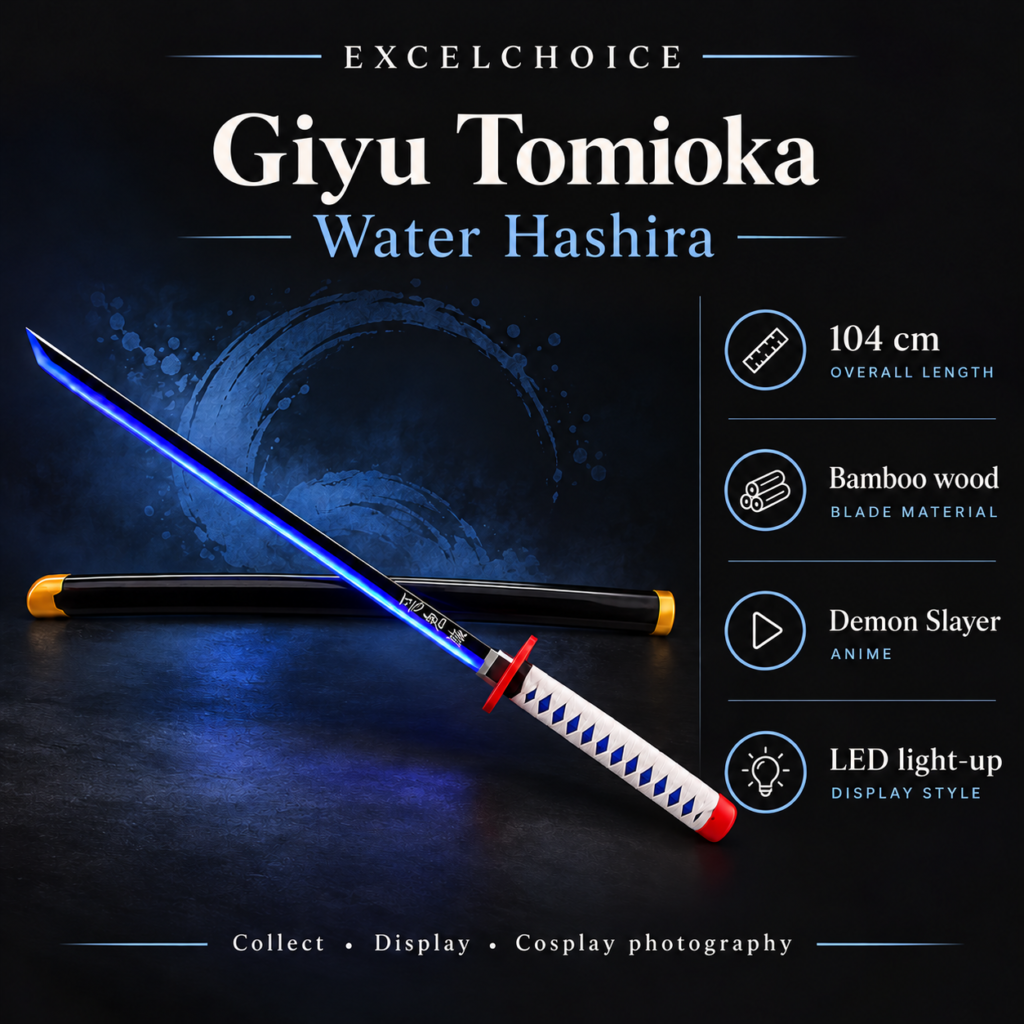 Demon Slayer: Giyu Tomioka — Water Hashira LED Katana · 104 cm · 2-Layer Stand specifications, included stand or care guidance