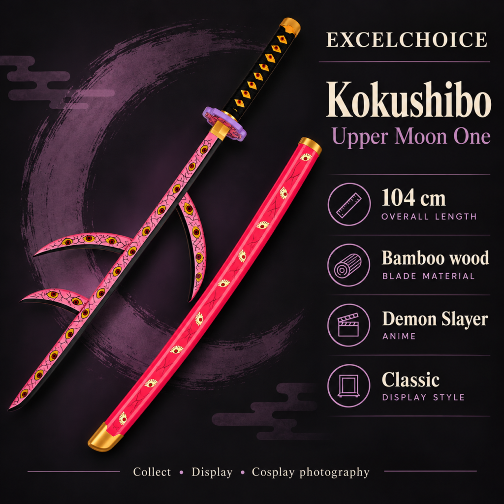Demon Slayer: Kokushibo — Upper Moon One Katana · 104 cm · 3-Layer Stand specifications, included stand or care guidance
