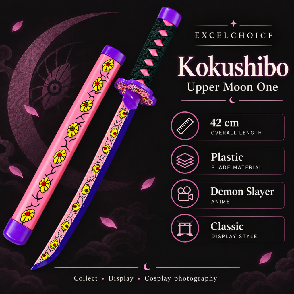 Demon Slayer: Kokushibo — Upper Moon One Katana · 42 cm · Dragon Stand specifications, included stand or care guidance