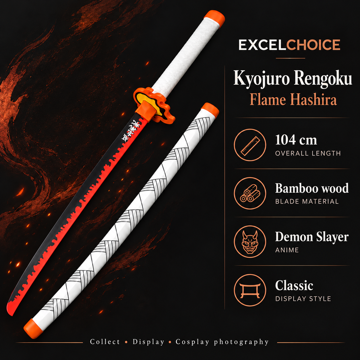 Kyojuro Rengoku Flame Hashira 104 cm — Bamboo wood blade specifications