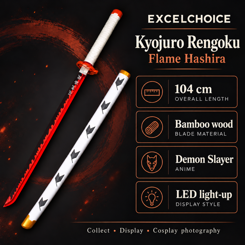 Demon Slayer: Kyojuro Rengoku — Flame Hashira LED Katana · 104 cm · 2-Layer Stand specifications, included stand or care guidance