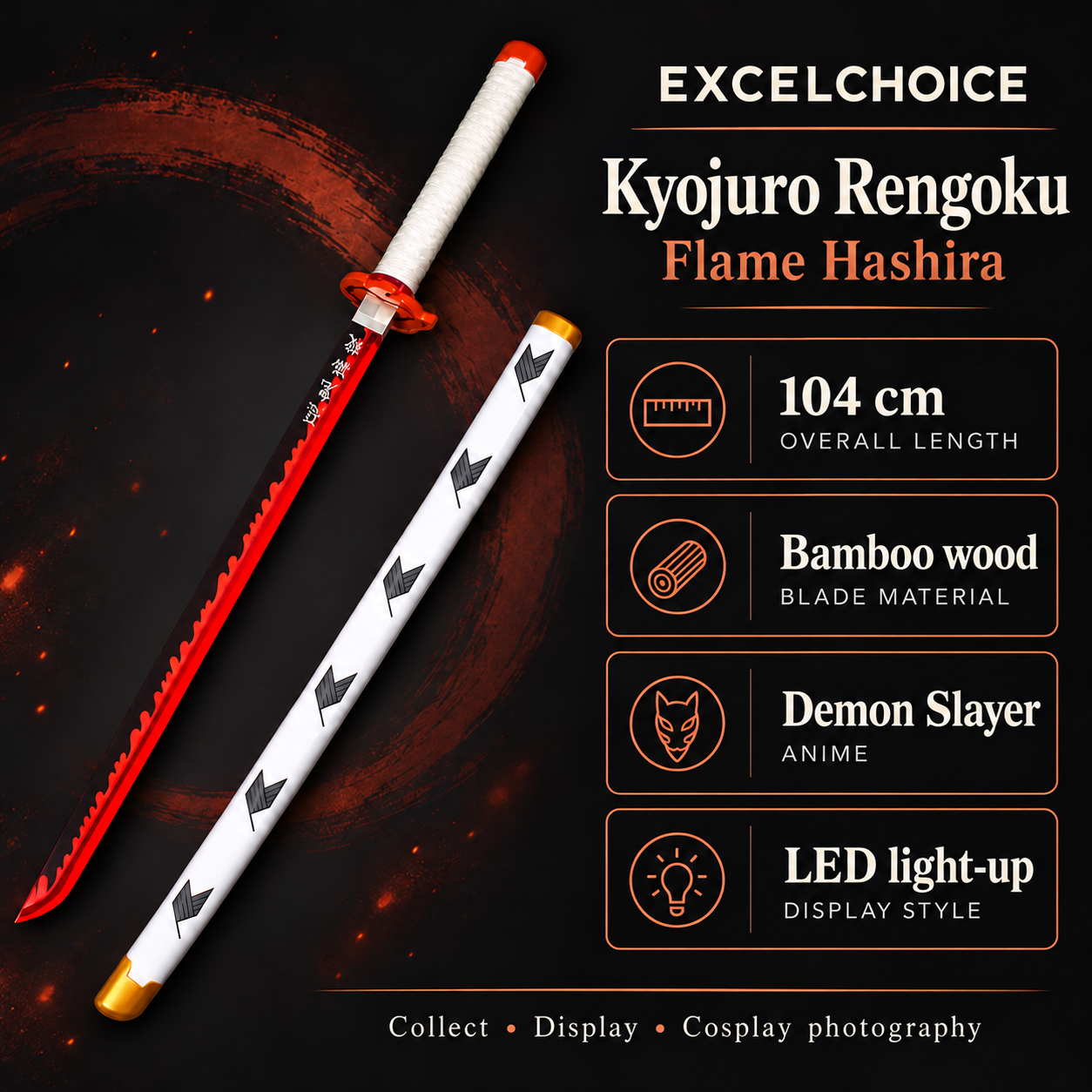 Kyojuro Rengoku Flame Hashira 104 cm — Bamboo wood blade specifications