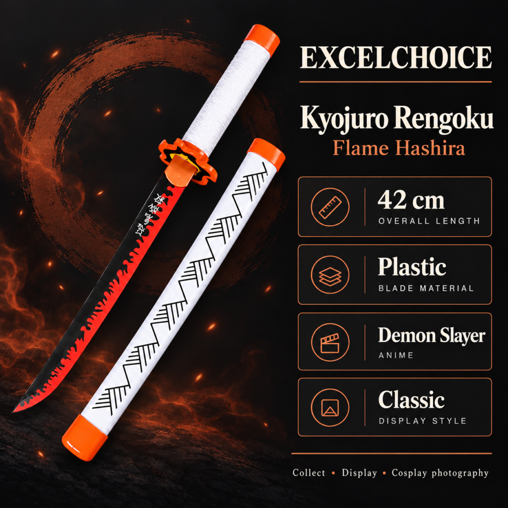 Demon Slayer: Kyojuro Rengoku — Flame Hashira Katana · 42 cm · Dragon Stand specifications, included stand or care guidance
