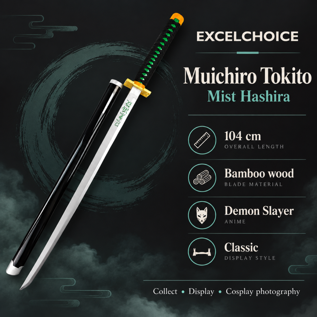 Demon Slayer: Muichiro Tokito — Mist Hashira Katana · 104 cm · 2-Layer Stand specifications, included stand or care guidance