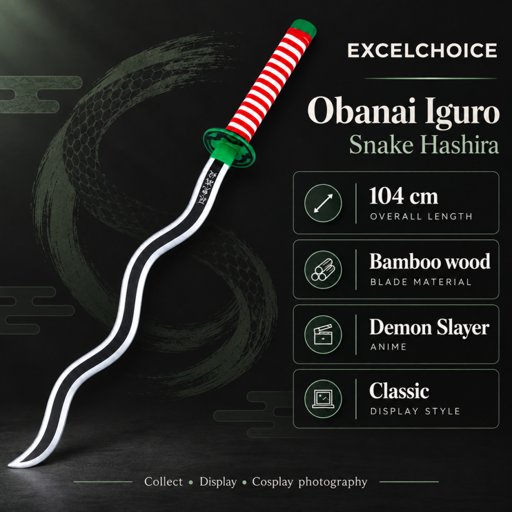 Demon Slayer: Obanai Iguro — Snake Hashira Katana · 104 cm · 1-Layer Stand specifications, included stand or care guidance
