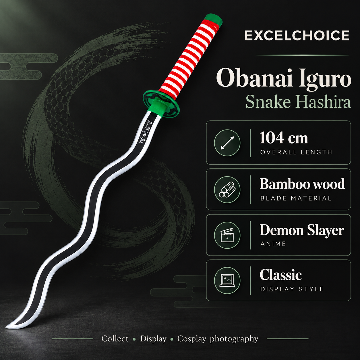 Obanai Iguro Snake Hashira 104 cm — Bamboo wood blade specifications