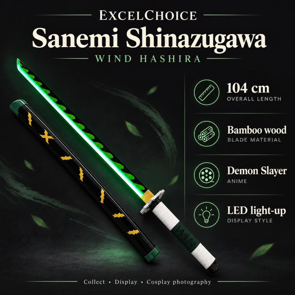 Demon Slayer: Sanemi Shinazugawa — Wind Hashira LED Katana · 104 cm · 2-Layer Stand specifications, included stand or care guidance