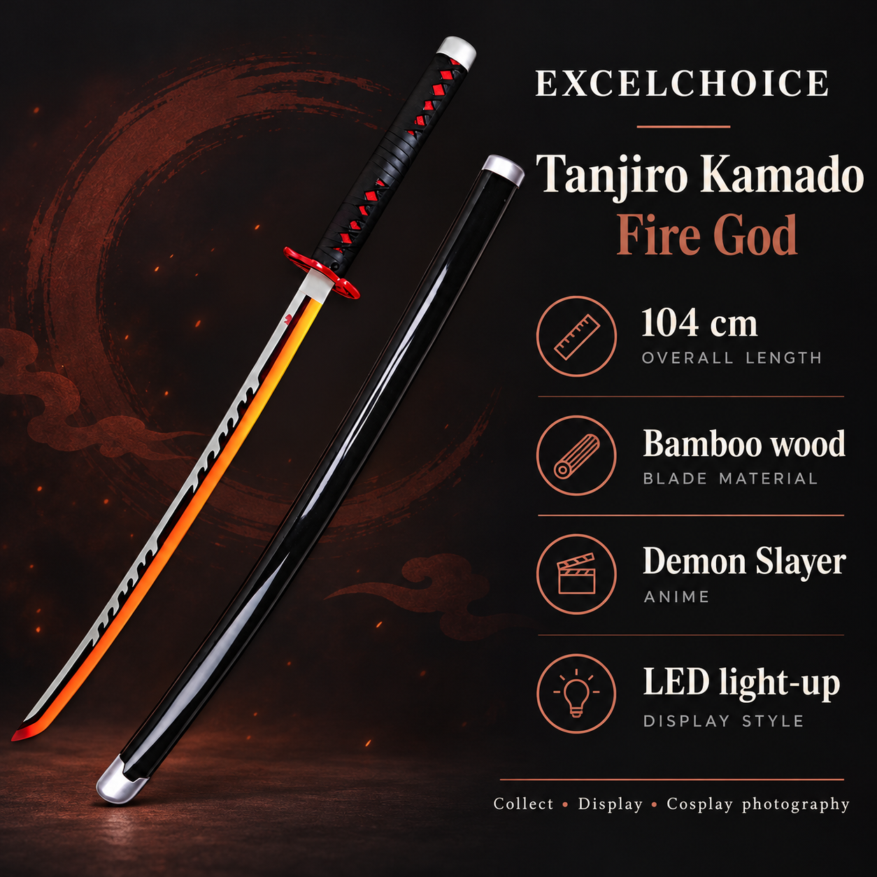 Tanjiro Kamado Fire God 104 cm — Bamboo wood blade specifications