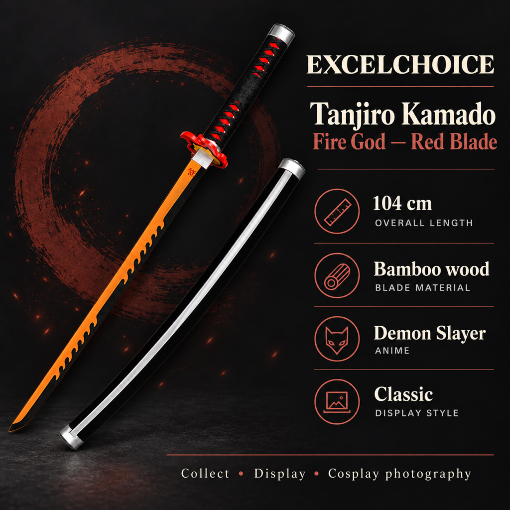 Demon Slayer: Tanjiro Kamado — Fire God — Red Blade Katana · 104 cm · 2-Layer Stand specifications, included stand or care guidance