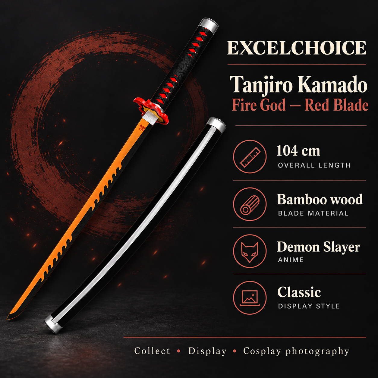 Tanjiro Kamado Fire God — Red Blade 104 cm — Bamboo wood blade specifications