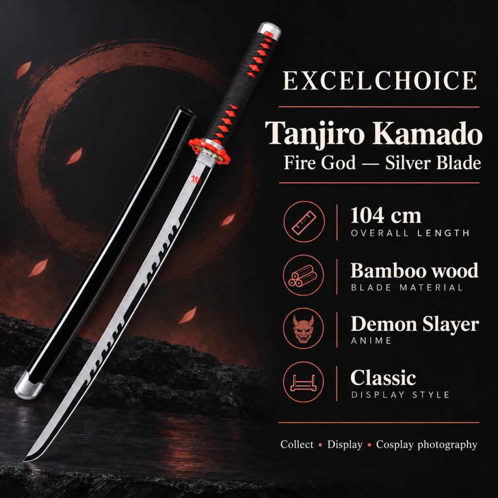 Demon Slayer: Tanjiro Kamado — Fire God — Silver Blade Katana · 104 cm · 2-Layer Stand specifications, included stand or care guidance
