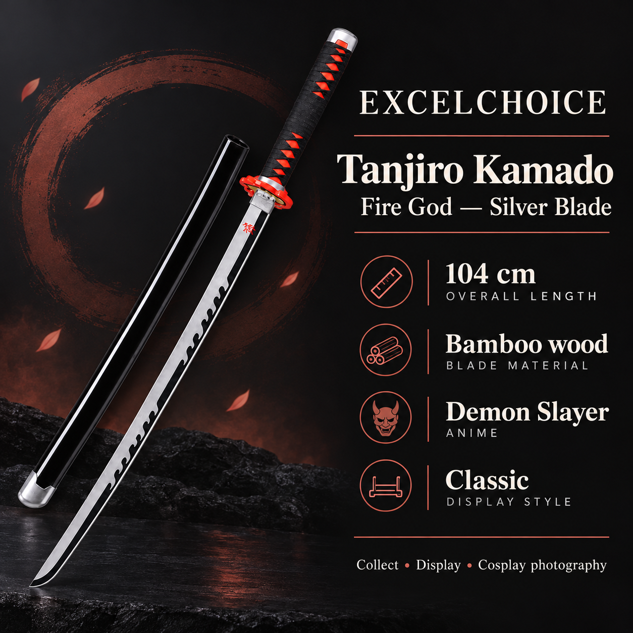 Tanjiro Kamado Fire God — Silver Blade 104 cm — Bamboo wood blade specifications