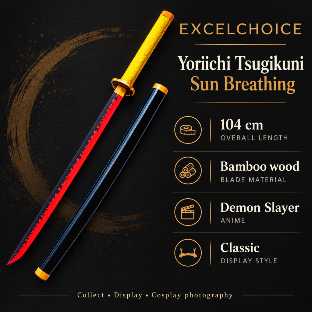 Demon Slayer: Yoriichi Tsugikuni — Sun Breathing Katana · 104 cm · 1-Layer Stand specifications, included stand or care guidance