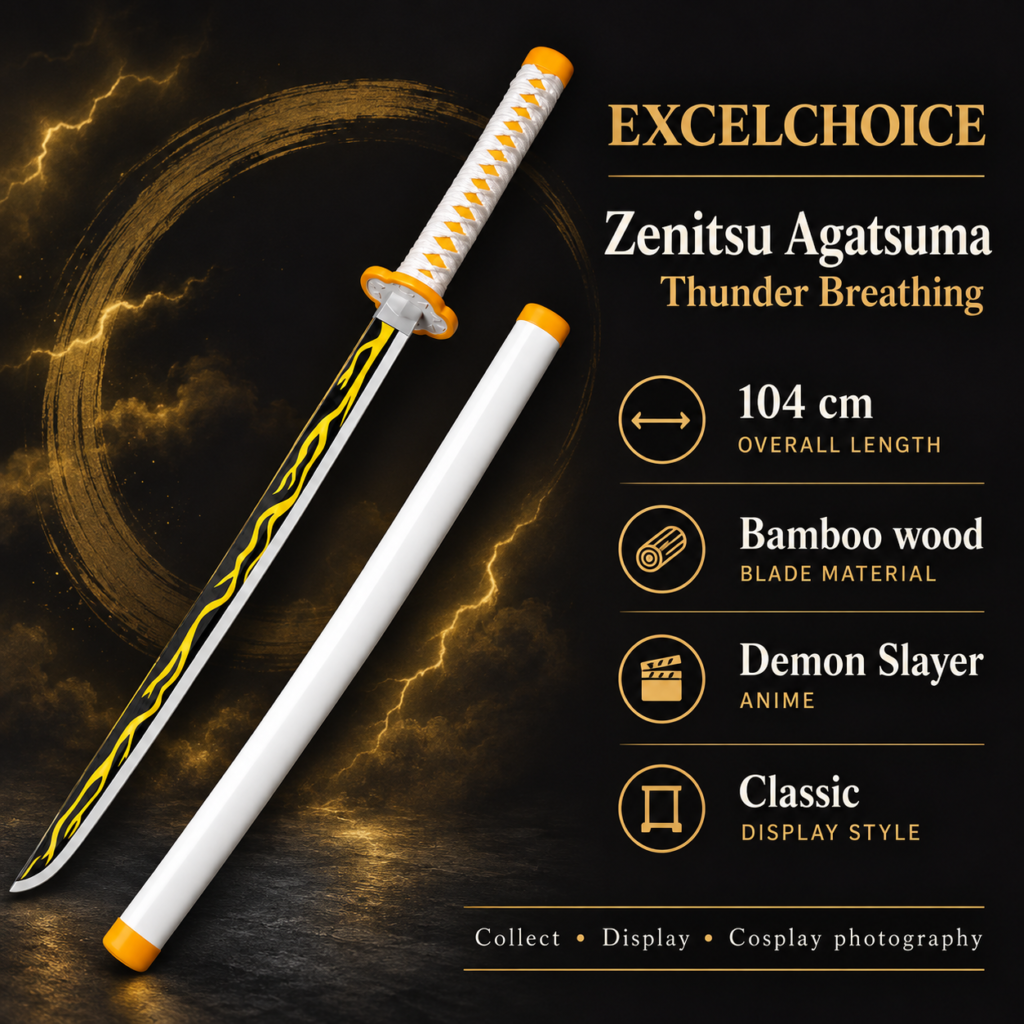 Demon Slayer: Zenitsu Agatsuma — Thunder Breathing Katana · 104 cm · 2-Layer Stand specifications, included stand or care guidance