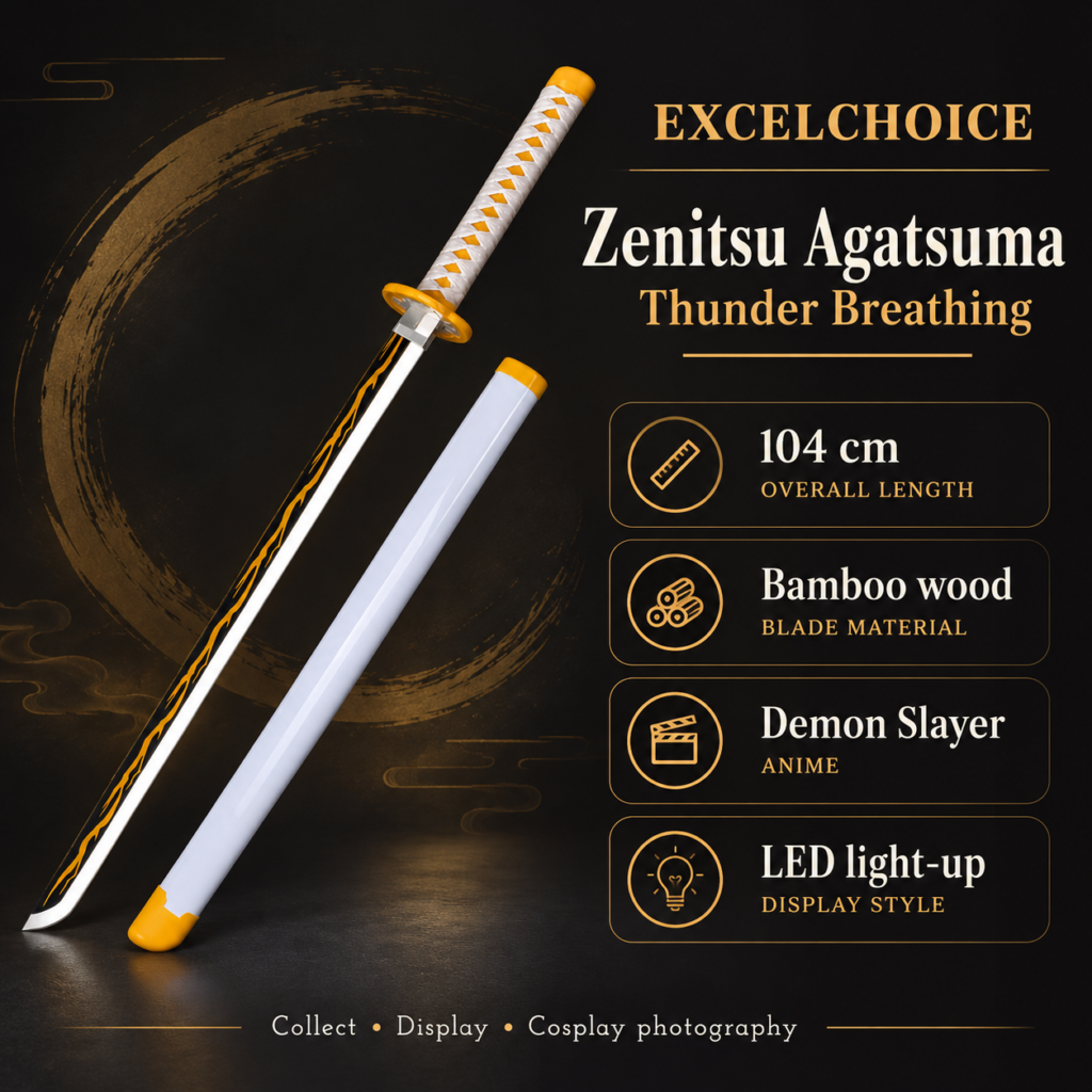 Demon Slayer: Zenitsu Agatsuma — Thunder Breathing LED Katana · 104 cm · 3-Layer Stand specifications, included stand or care guidance