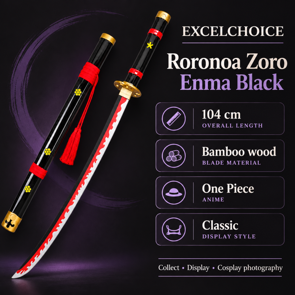 One Piece: Roronoa Zoro — Enma Black Katana · 104 cm · 2-Layer Stand specifications, included stand or care guidance