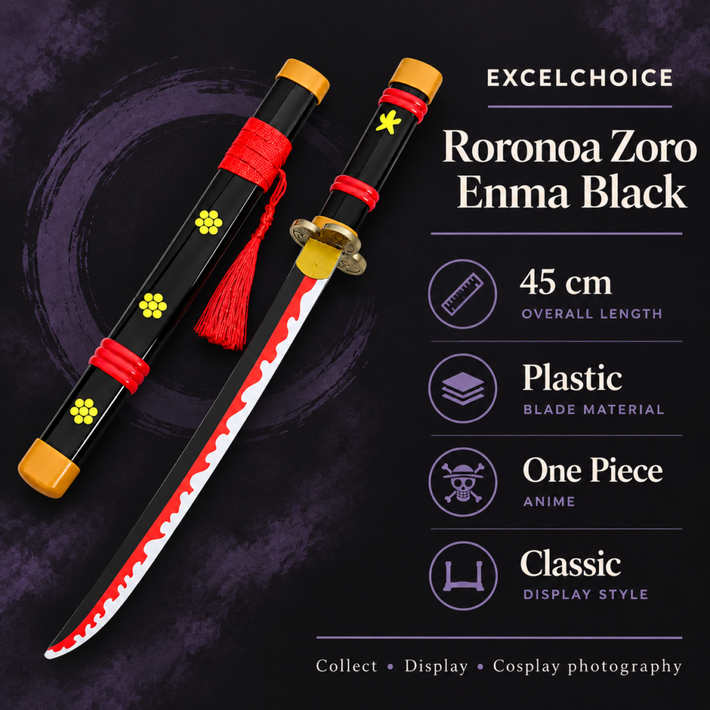 One Piece: Roronoa Zoro — Enma Black Katana · 45 cm · Dragon Stand specifications, included stand or care guidance
