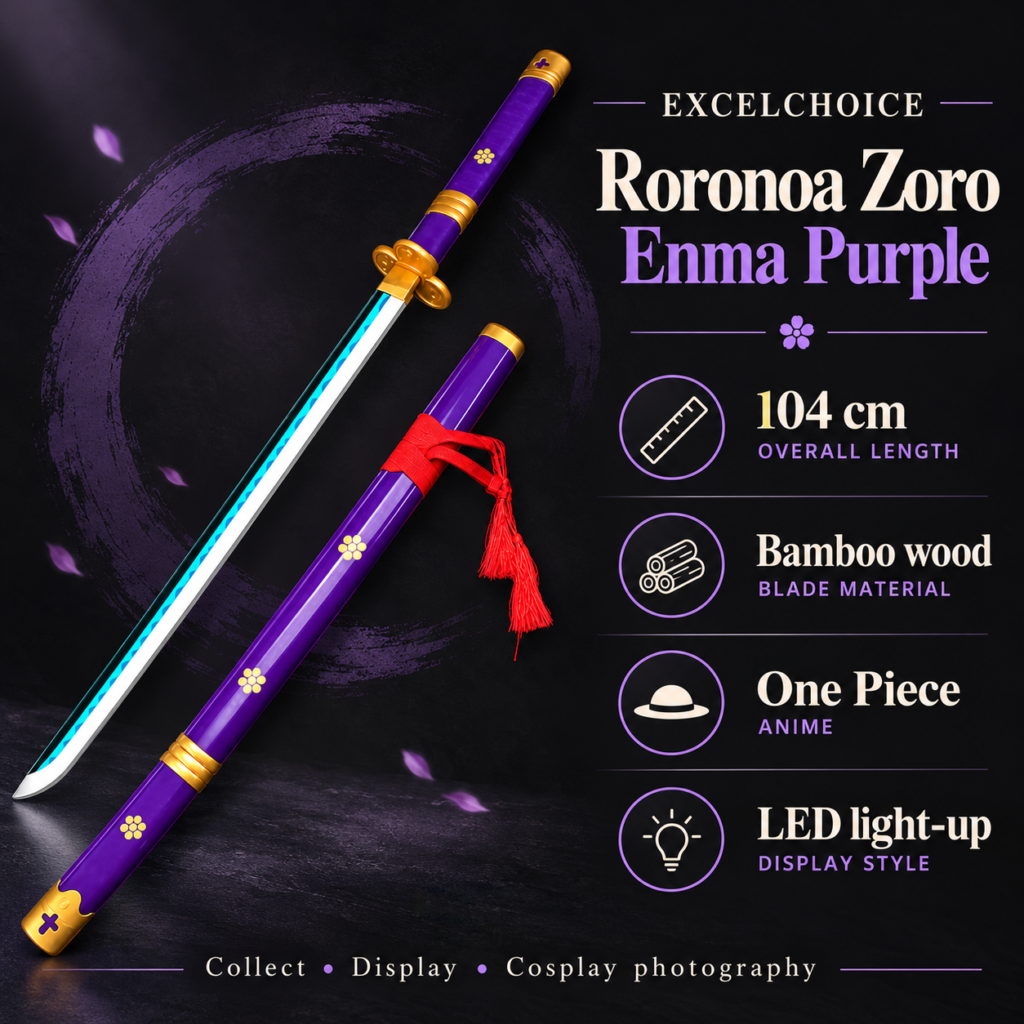 One Piece: Roronoa Zoro — Enma Purple LED Katana · 104 cm · 3-Layer Stand specifications, included stand or care guidance