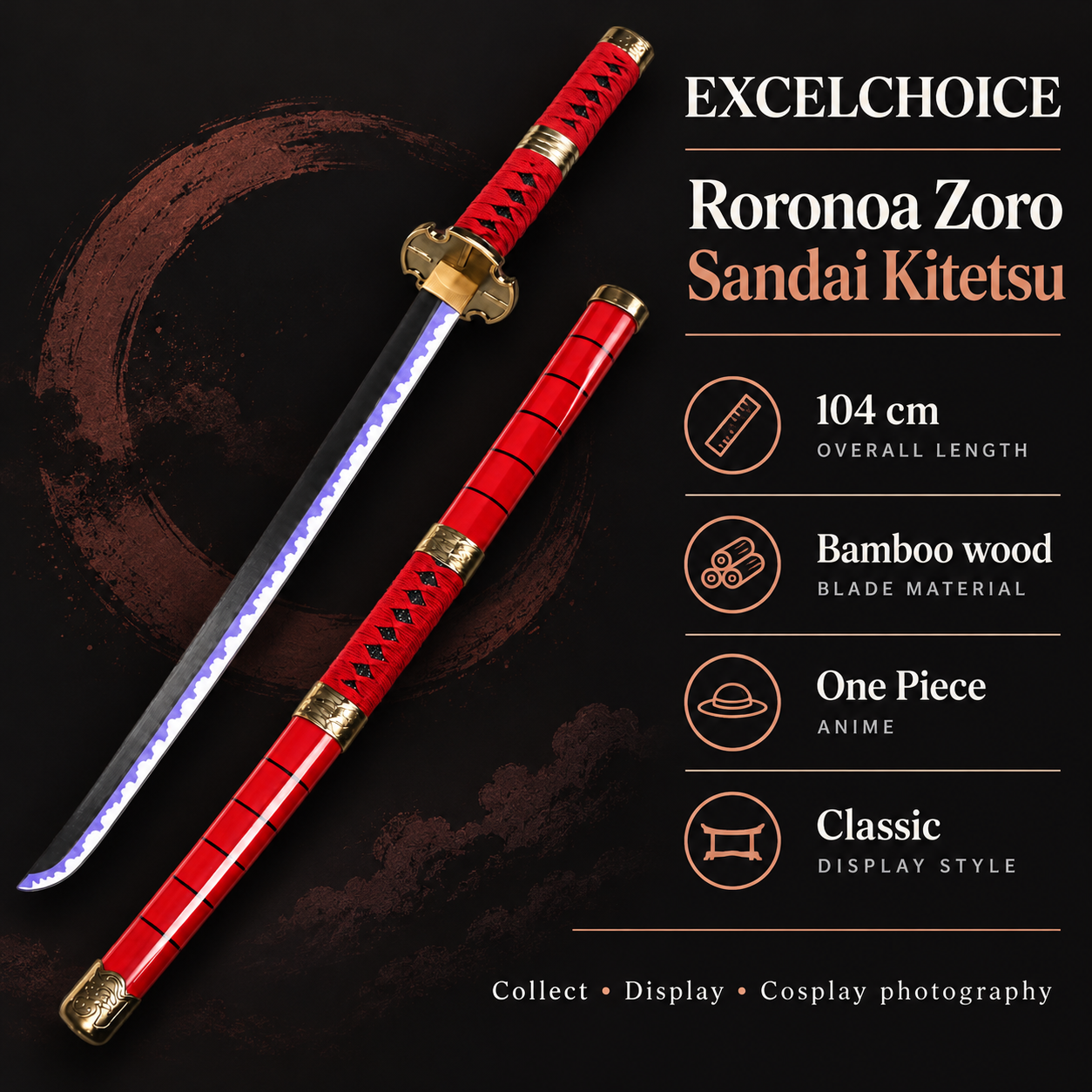 Roronoa Zoro Sandai Kitetsu 104 cm — Bamboo wood blade specifications