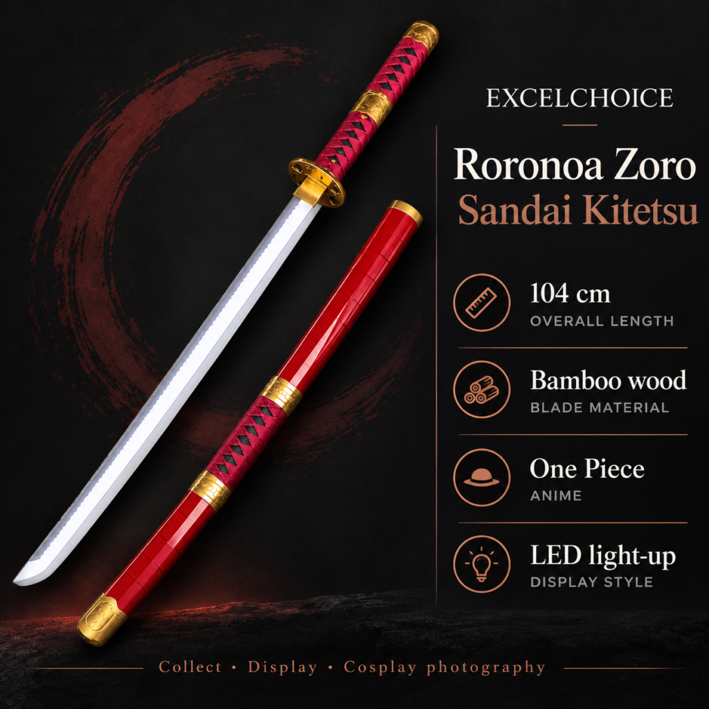 One Piece: Roronoa Zoro — Sandai Kitetsu LED Katana · 104 cm · 2-Layer Stand specifications, included stand or care guidance