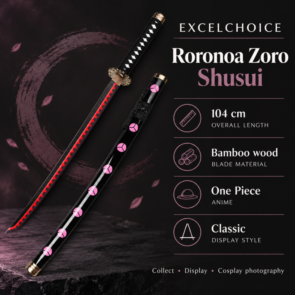 One Piece: Roronoa Zoro — Shusui Katana · 104 cm · 2-Layer Stand specifications, included stand or care guidance