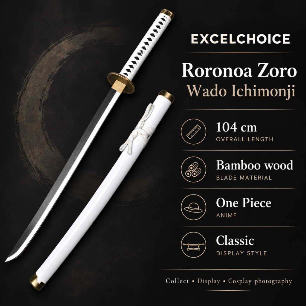 One Piece: Roronoa Zoro — Wado Ichimonji Katana · 104 cm · 1-Layer Stand specifications, included stand or care guidance